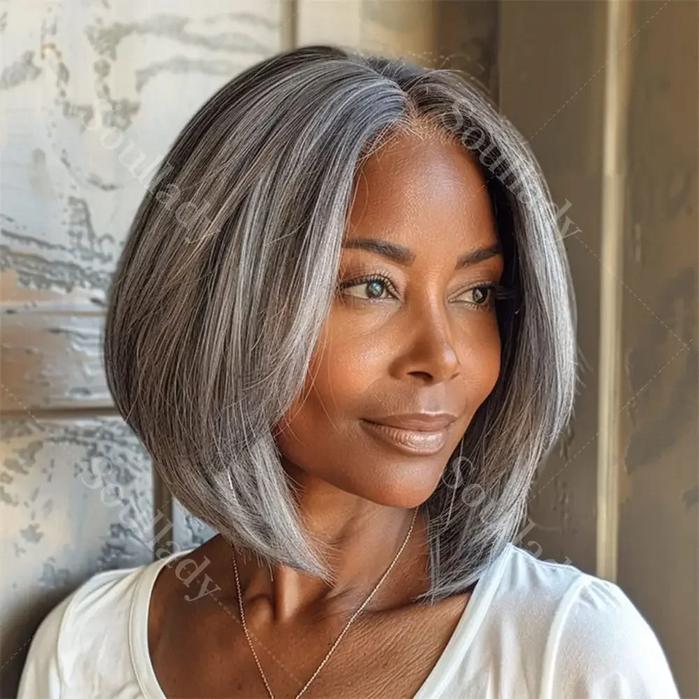 

Soul Lady Chic Silver Gray Straight Bob Salt and Pepper Real Human Hair Glueless Grey 5x5 Lace Closure Wigs For Seniors Over 50s