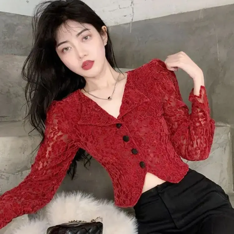 

V-Neck Hollow Lace Top Women Autumn Winter Style Puff Sleeve Waist Short Niche Design Long-Sleeved Top