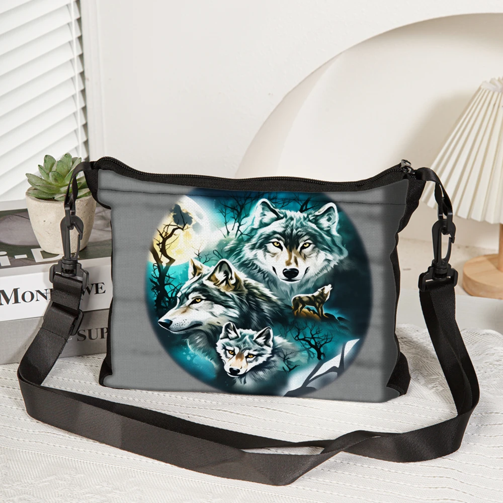 Wolf Print Crossbody Bag Gray Wolf Family Moon Night Scene Shoulder Bags For Women Men Outdoor Travel Daily Use Casual Fashion A