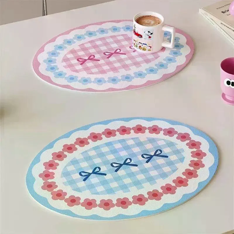 1Pcs INS Oil-Proof Waterproof PU Leather Dining Room Table Mats Cute Oval Heat Resistant Placemat Kitchen Tableware Bistro Bar