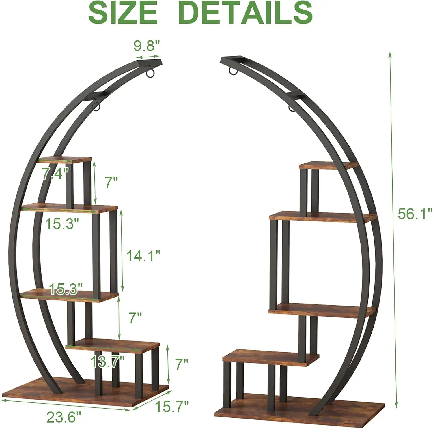 Half‑Moon Plant Stand Indoor, 5‑Tier 56 Inch Tall Curved Large Plant Shelf with Hanging Hooks, Metal Wood Plant Display Rack for Living Room Patio Balcony image 4