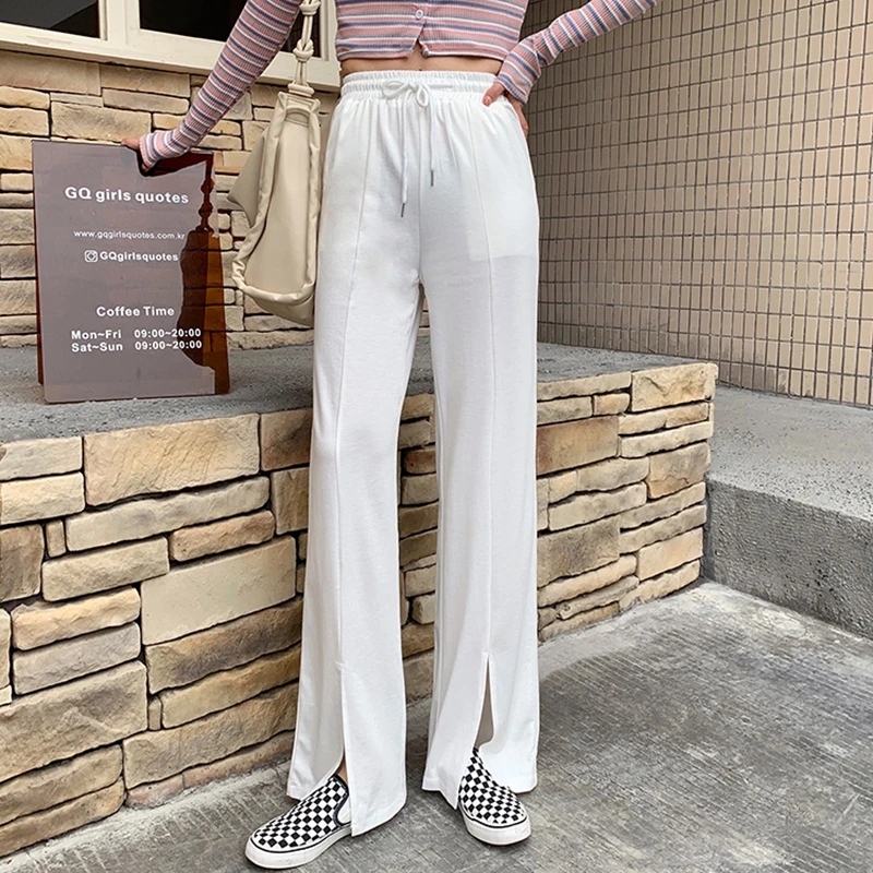 

Spring Elastic Waist Straight Trousers Summer Women's Loose All-Match Solid High Waist Split Knit Casual Drawstring Sweatpants