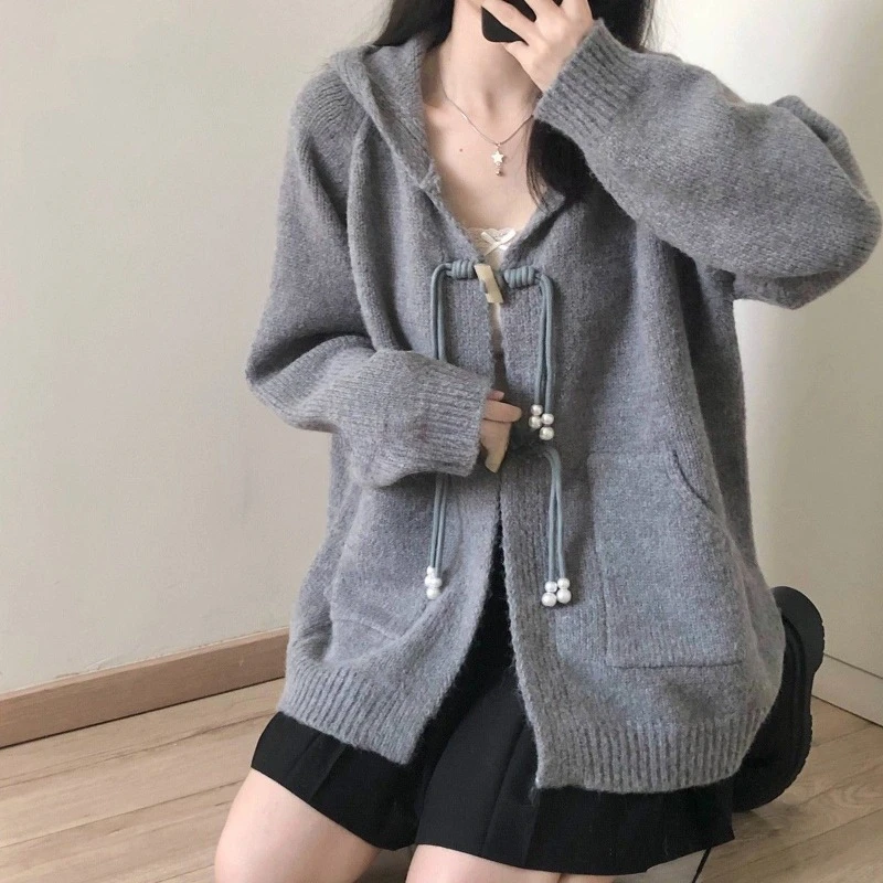 Hooded Cardigans Women Solid Long Sleeve Sweaters Loose Vintage Horn Button Autumn Winter Retro Lace-up  Soft Fluffy Casual