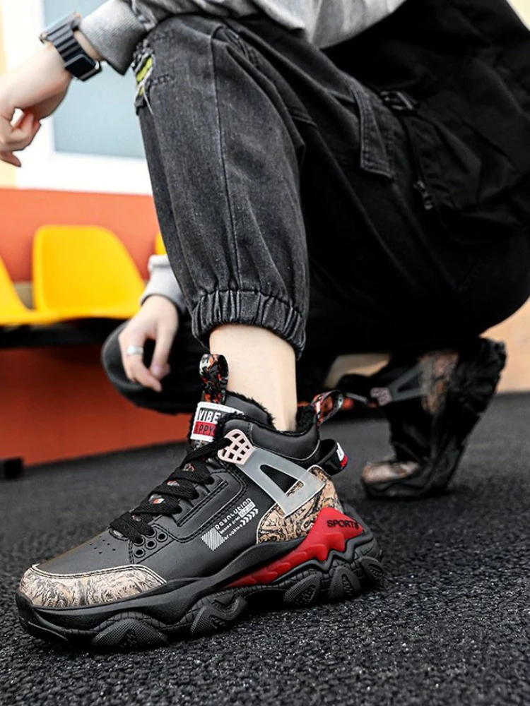 

New Style Men Youth Student Fleece Lined High Top Lace Up Dad Shoes Comfortable Warm Casual All Match Athletic Cotton Shoes