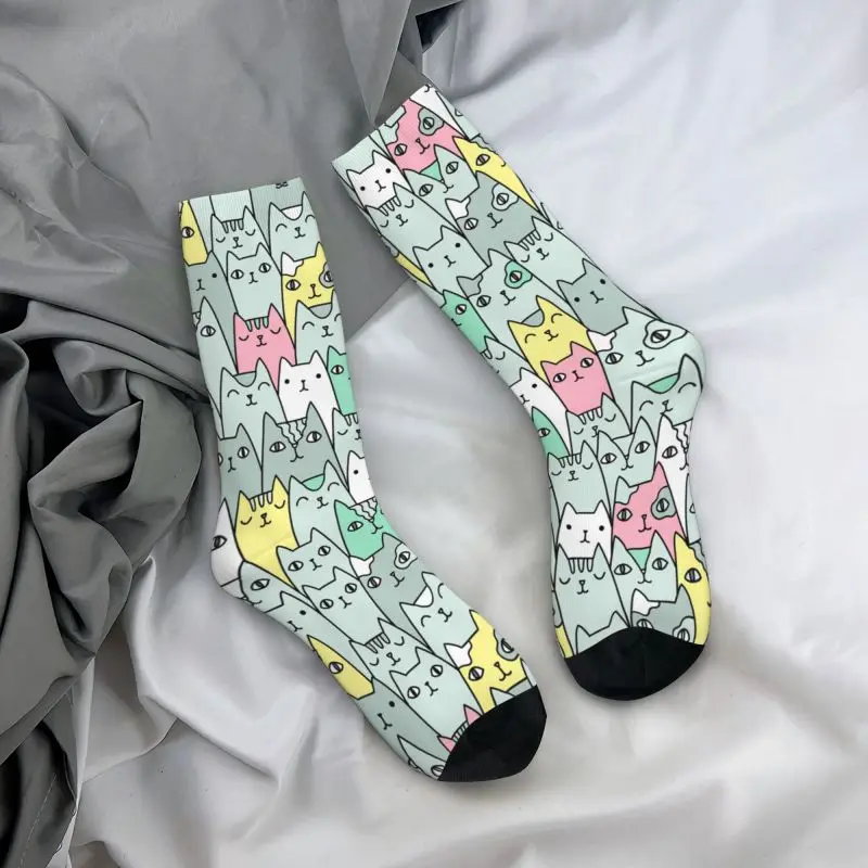 Chaussettes de sport imprimées en 3D pour hommes et femmes, chats colorés mignons, chaussettes de football chaudes, mode