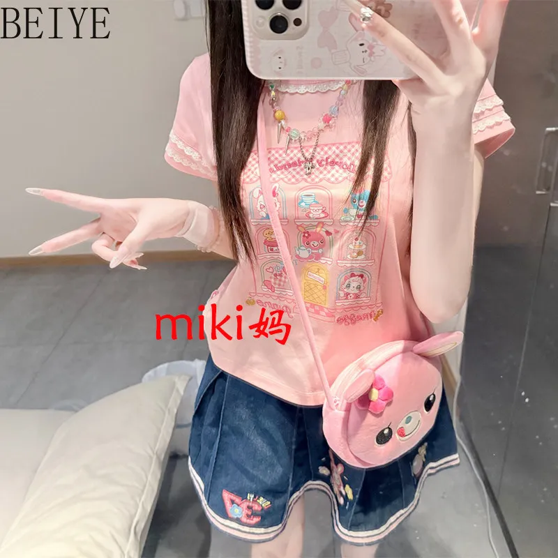 Children's Cotton Short-sleeve T-shirts Summer Girl's Tee Princess White T-shirt Sweet Crew Neck Kids Tops Japanese Style