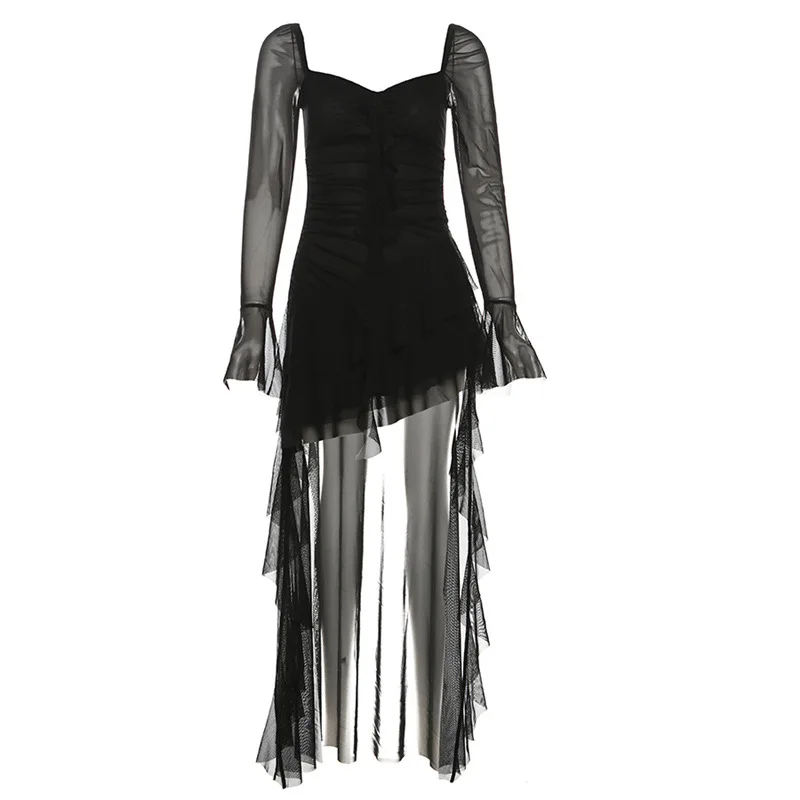 Europejska i amerykańska jesienna nowość: damska sukienka z wysokim stanem, modna, z kwadratowym dekoltem, długim rękawem i prześwitującym materiałem.