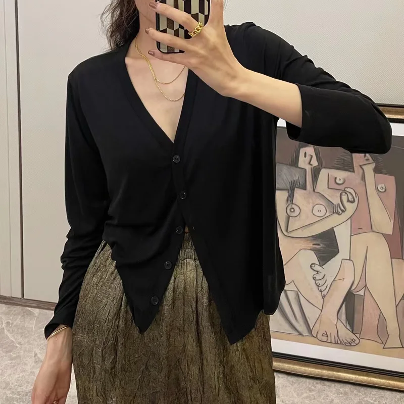 

Летний комфортный тонкий кардиган в корейском стиле с V-образным вырезом, свободного кроя, на одной пуговице, верхняя одежда для женщин