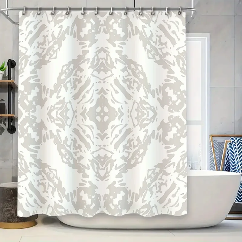 White Grey Floral Pattern Shower Curtain Waterproof Bathroom Decor Modern Style Bathtub Liner with Rings for Home Use (One Size)