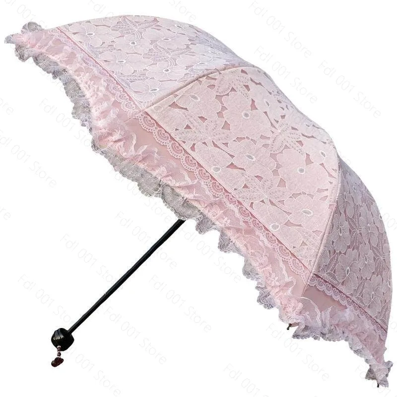 Pink Floral Lace Sun Umbrella for Women UV Protection Princess Style Baby Baptism Fashion