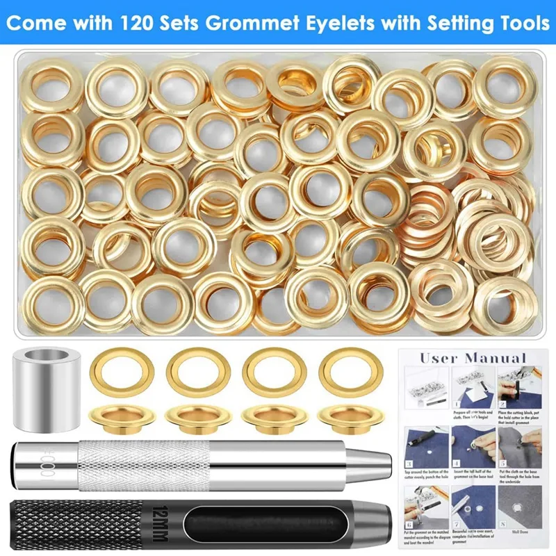 120 Sets Grommet Eyelets Tool Kit, Grommet Kit 1/2 Inch Eyelets With Tools And Storage Box