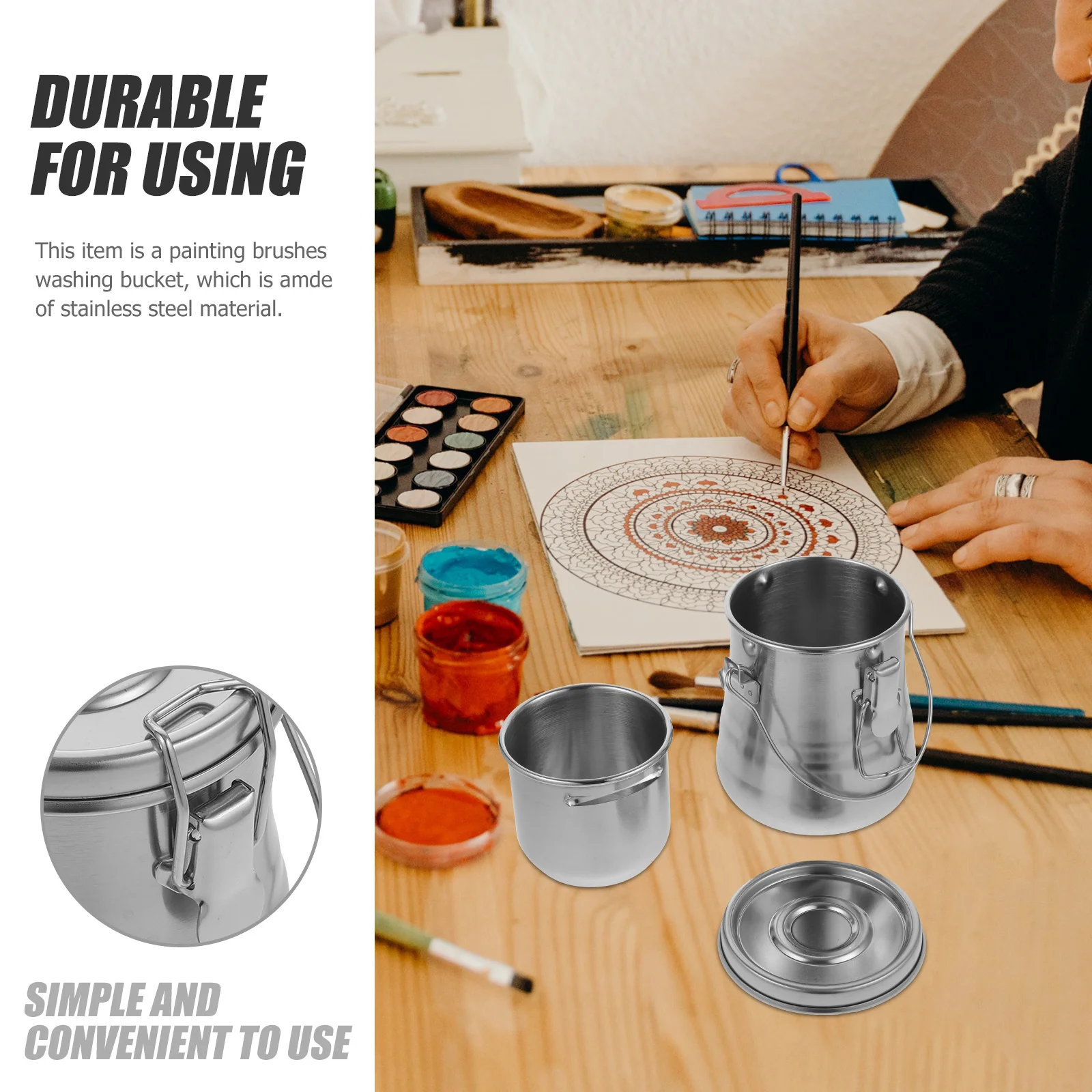 

Brush Washing Bucket Stainless Steel with Cover Portable for Painting Water Tool Outdoor Travel Sketching Brush Washing Bucket
