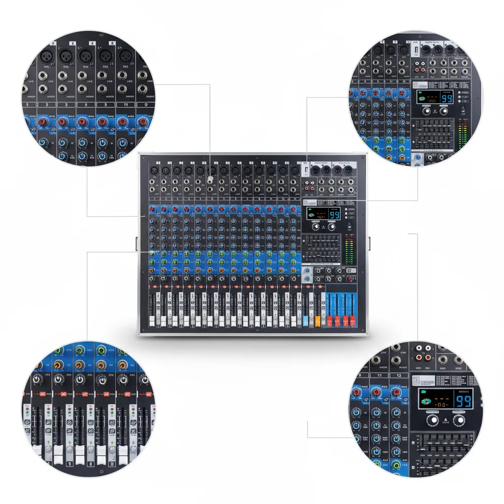 Professional 12-channels Power Mixer Amplifier 4X1200W Suitable for DJ Stage Performances Audio Sound Card 99DSP Digital Effects