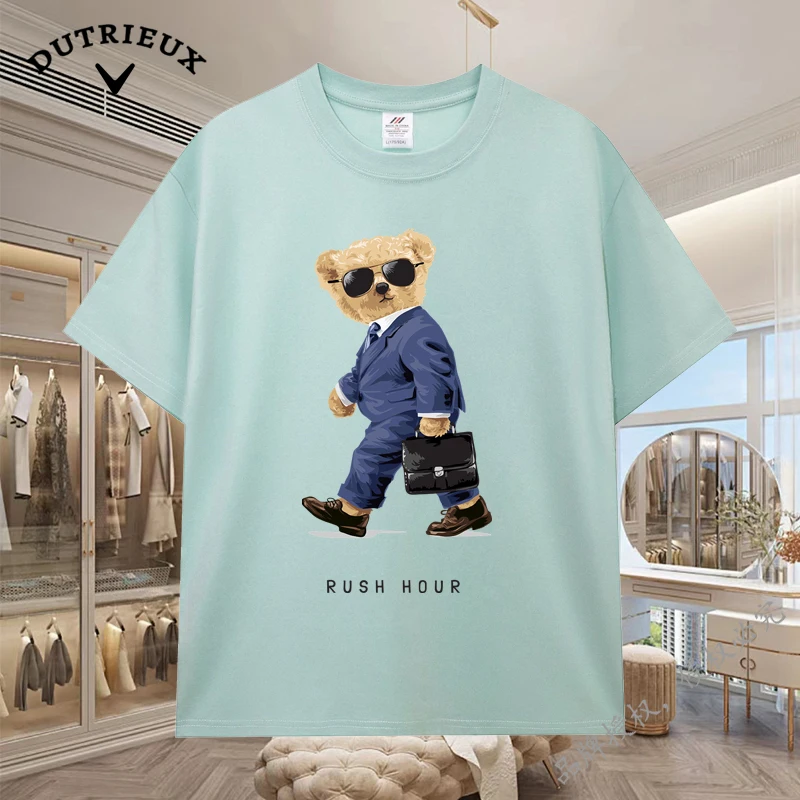 2024 New Luxury Bear Short Sleeved Men's and Women's Loose 230g Fabric weight Cotton Versatile Round Neck Breathable Inner Layup