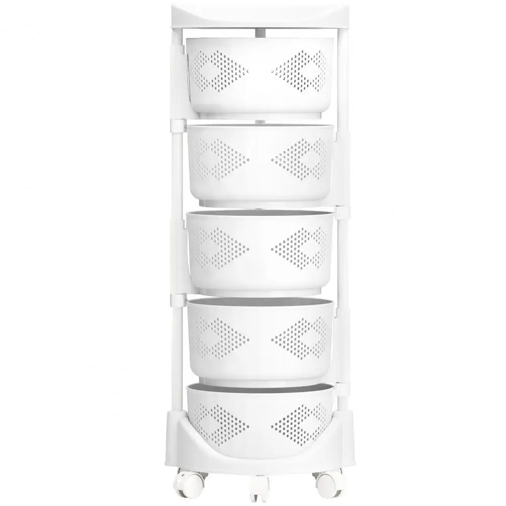 5 Tier Circular Rotating Kitchen Cart with 360° Wheels Movable Storage Trolley for Fruit Vegetable Bathroom