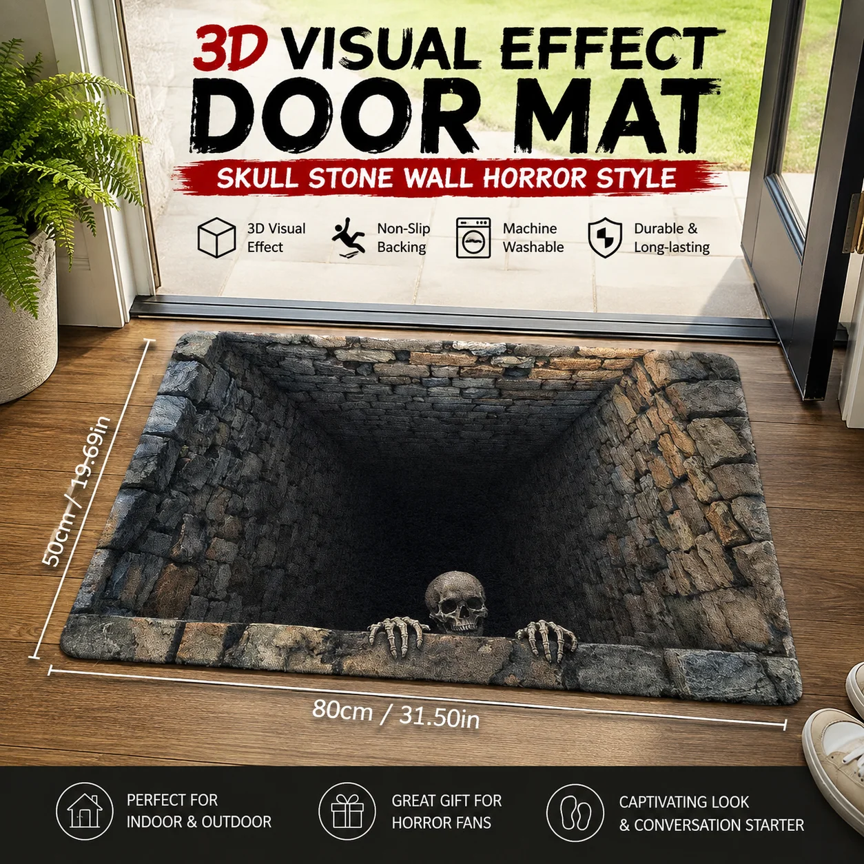 50 x 80 cm 3D Visual Effect Door Mat Skull Stone Wall Horror Style Floor Mat Washable Trap Carpet Bedroom Living Room Decoration
