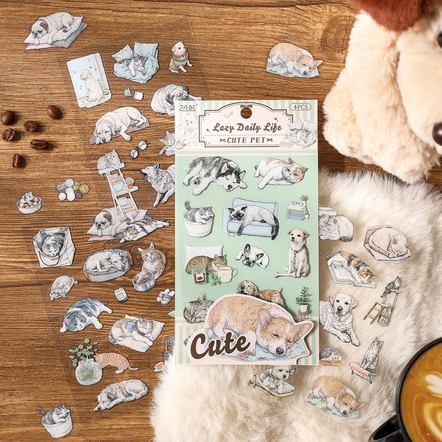 

4 Sheets Puppy PET Waterproof Sticker Set for Kids Journals Scrapbooking Supplies Adorable DIY Diary Phone Case