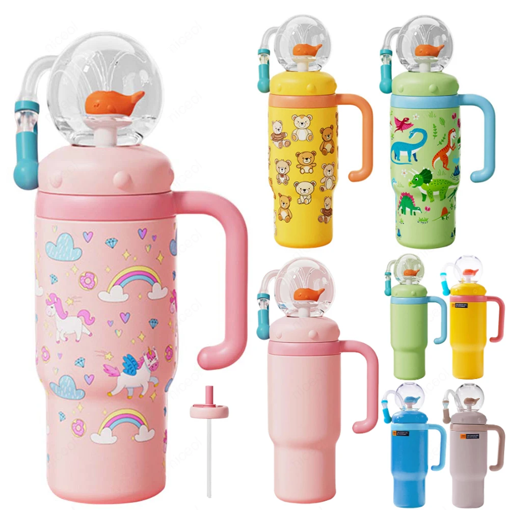 

24oz Stainless Steel Whale Fountain Tumbler with Handle Whale Water Cups Perfect for Kids Teens and Adults