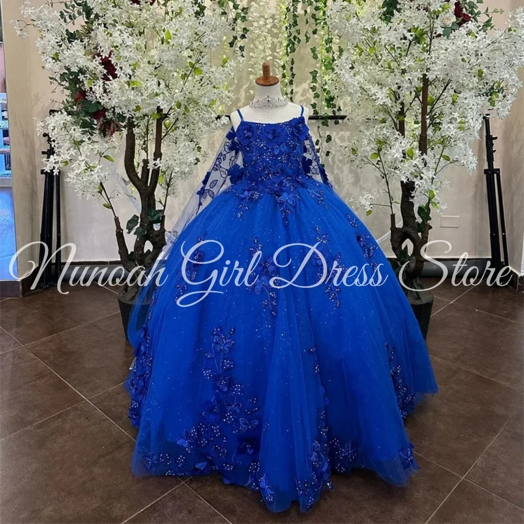 

Royal Blue Flower Girl Dresses for Wedding With Train Beaded Lace Appliques Birthday Party First Holy Communion Gowns Customized