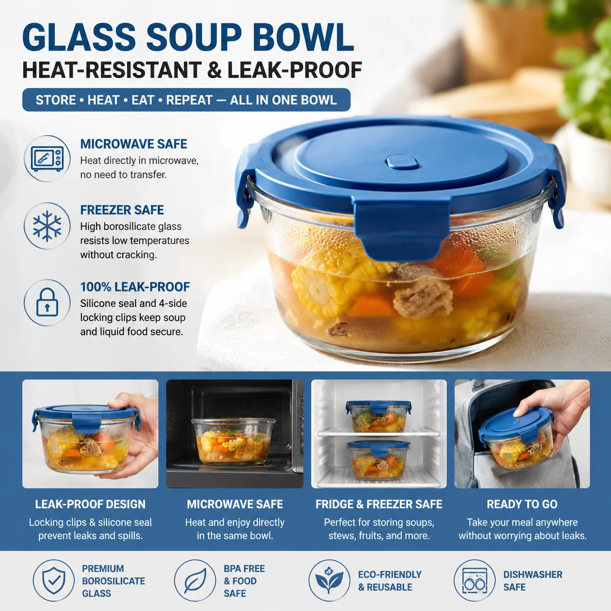 Glass Food Container with Lid – Leak-Proof&Microwave Safe,Freezer & Oven Safe Leak-Proof Silicone Seal for Freshness