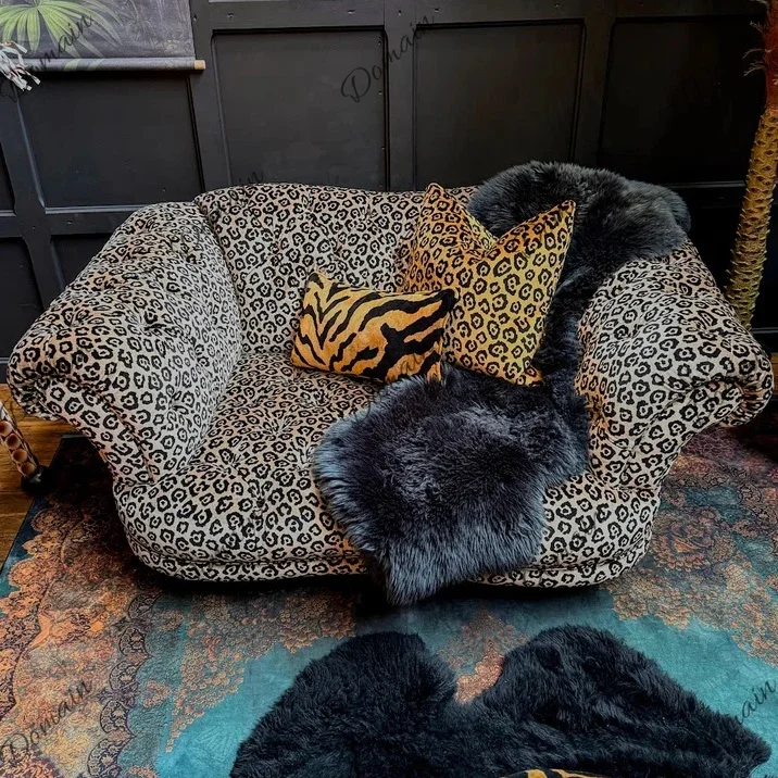 American leopard print fabric sofa double seat flannel pattern chair American pastoral European style furniture sofa straight