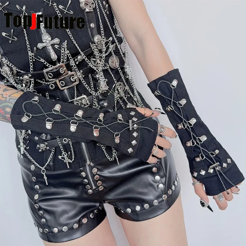 European & American Y2K Spicy Girl Subculture Punk Rivet Metal Buckle Lace Up Tie Half Finger Arm Sleeves Gothic Wrist Cuffs