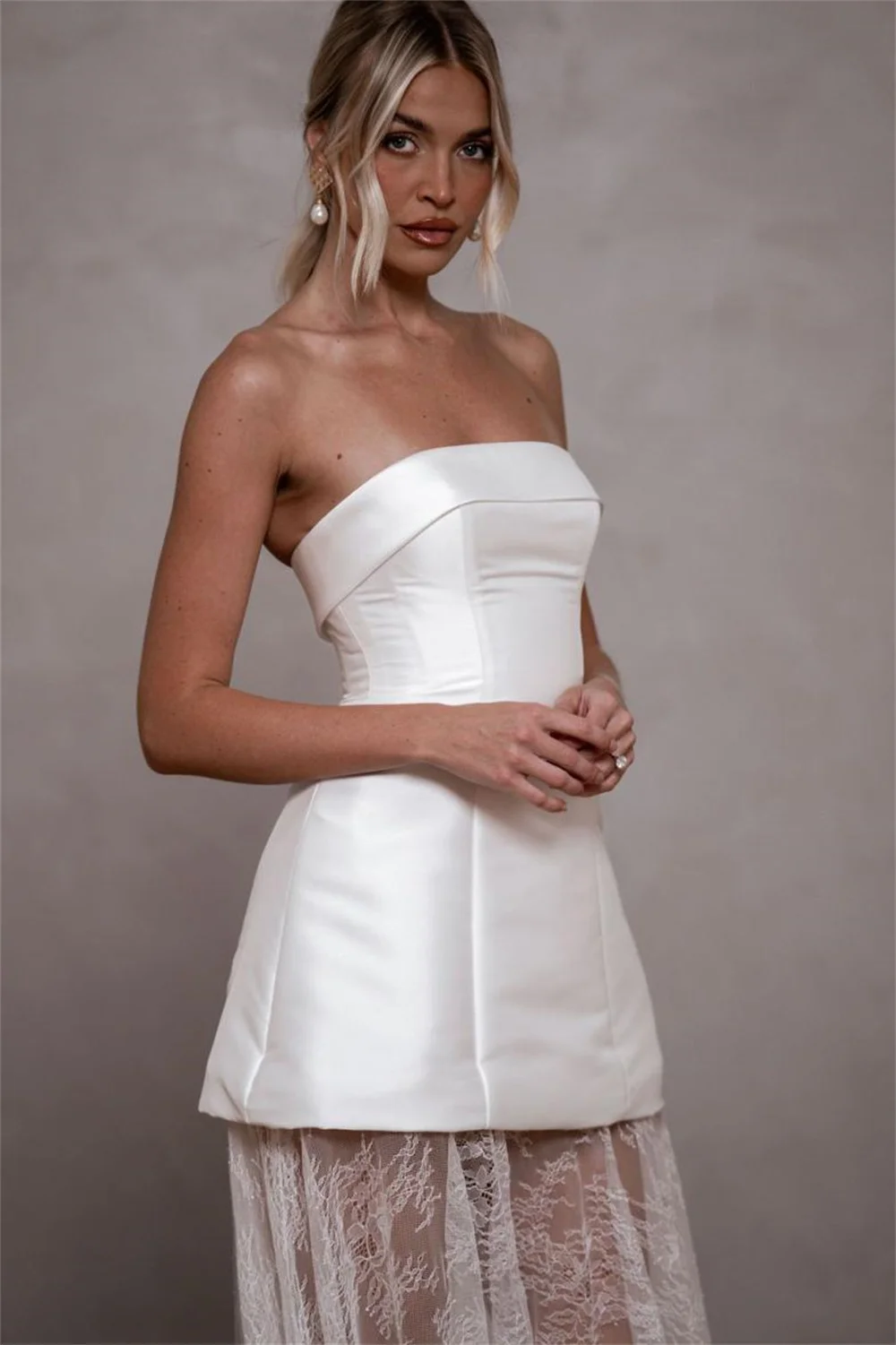 Kyoto Customized Strapless White Satin Wedding Dress Detachable Long Lace Train And Sleeves vestidos de novia Zip Back Formal