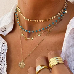 Vintage National StyleTurquoise Necklace For Women Boho Fashion Ethnic Multilayered Metal Flower Plate Pendant Sequin Jewelry