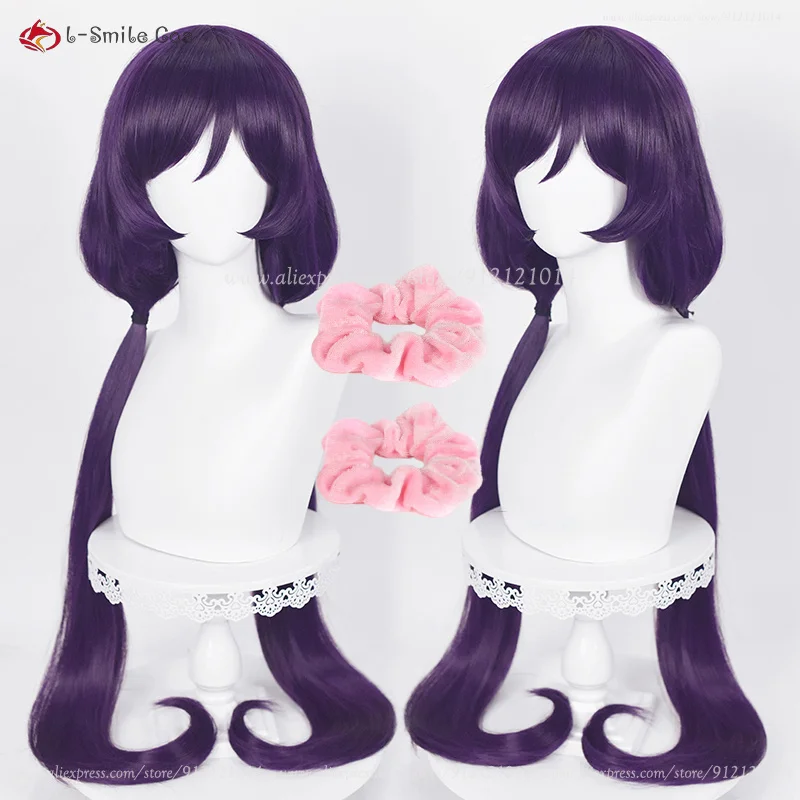 Wig Cosplay Anime Nozomi Tojo 100cm Wig hitam ungu panjang dengan gaya ekor kuda ganda rambut sintetis tahan panas + topi Wig