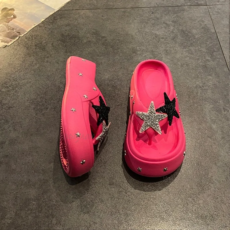 Fashion Platform Flip Flops Woman Rhinestone Star Studded Thick Sole Non-Slip EVA Open Toe Summer Beach Casual Slippers Female