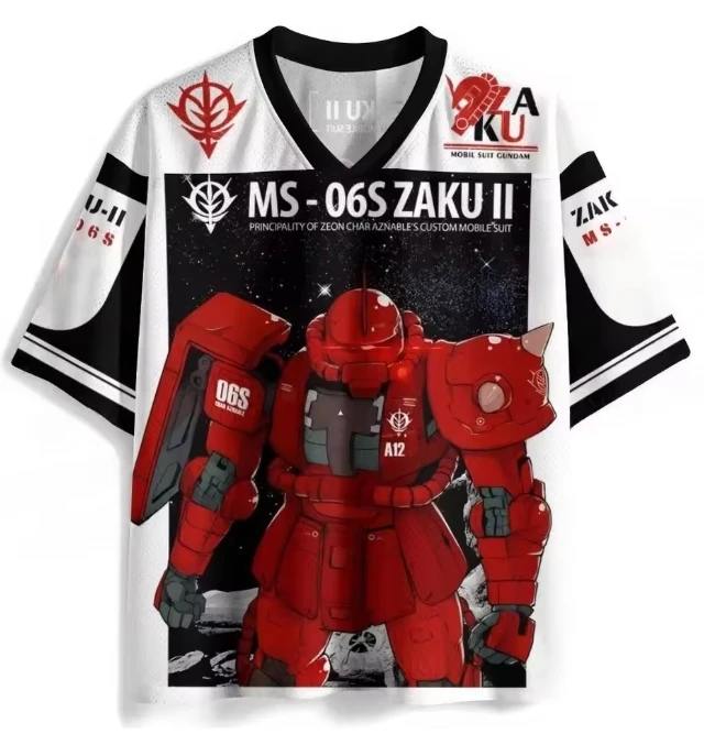 Gundam Xiaya Red Zagu Black and White Contrast Mesh Shirt Moon Starry Sky Background Hardcore Mecha Sci Fi Style Trendy T-shirt