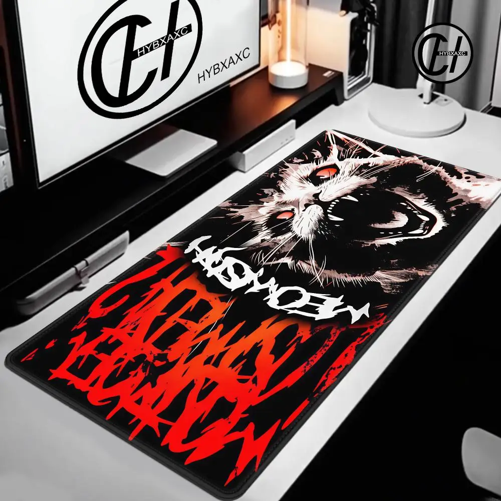 Gothic Evil Demon Cat Large Mouse Pad, Black Metal Angry Fangs Cat Desk Mat, Non‑Slip Rubber Gaming Desk Pad for Laptop PC