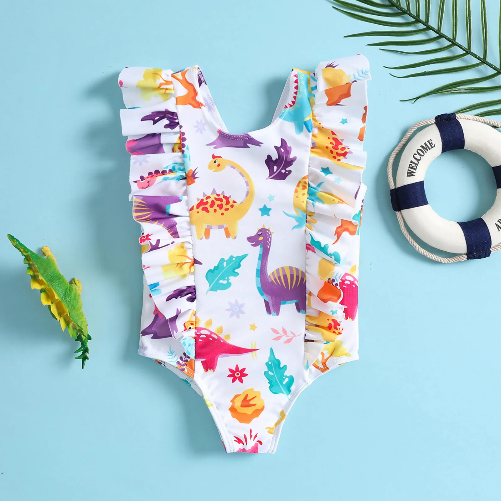 Toddler one piece swimsuit with ruffle and colorful cartoon dinosaur plant pattern for beach and pool water play