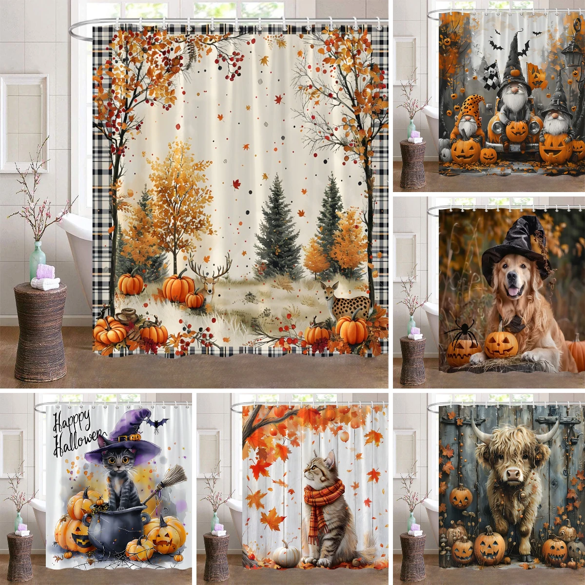 

Autumn Thanksgiving Shower Curtain Halloween Pumpkins and Funny Animals Polyester Fabric Bath Curtains Bathroom Decor With Hooks