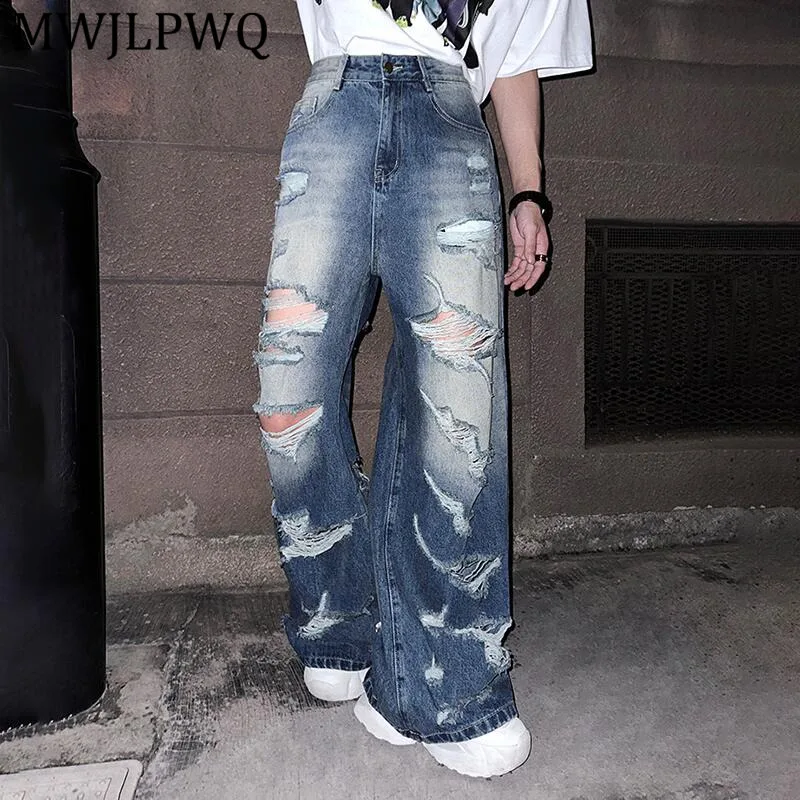 

MWJLPWQ Trendy Ripped Destroy Style Jeans For Men 2026 Spring Summer New Street Design Fashion Loose Straight Leg Pants 13406
