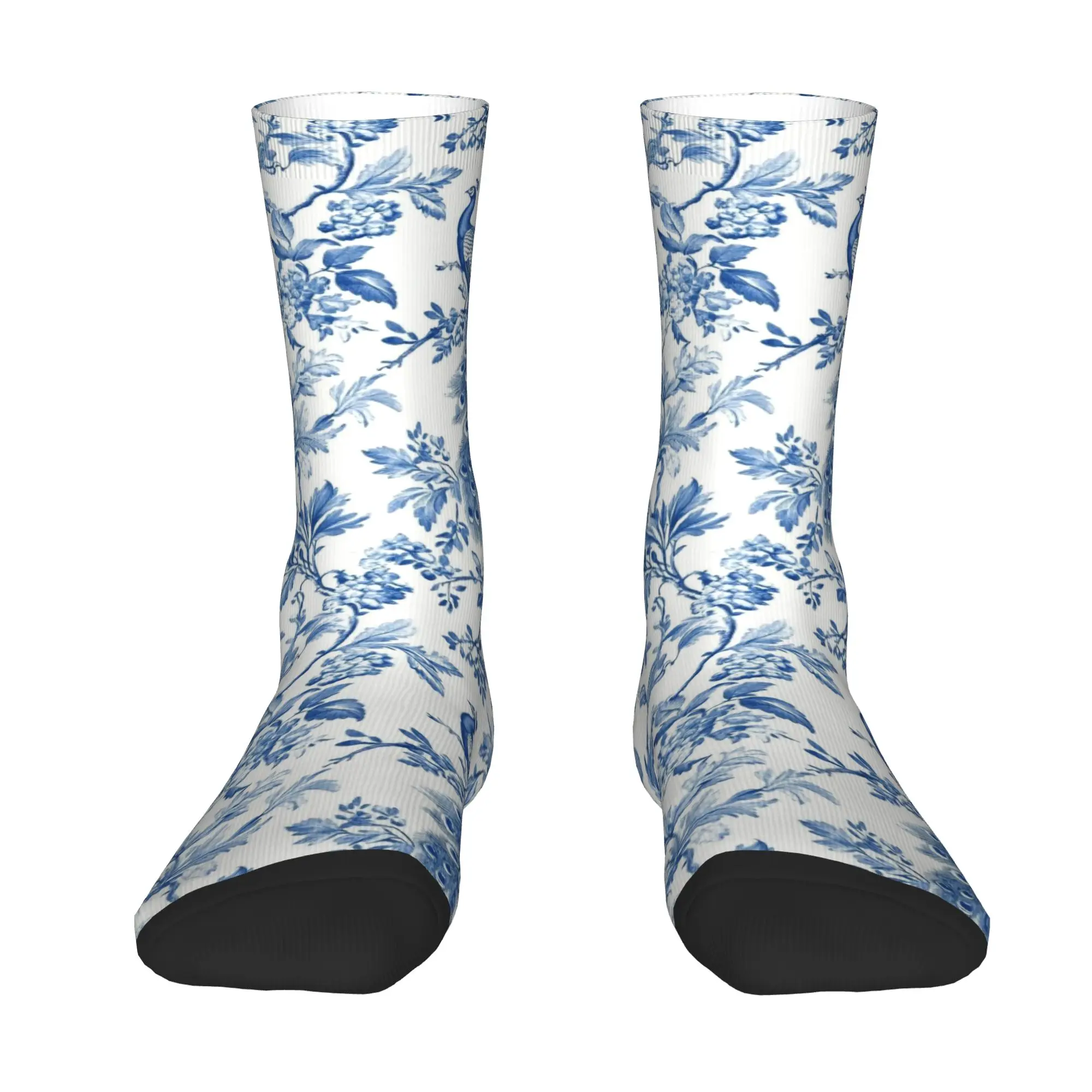 Custom Fashion Blue Toile Fabric Socks Men Women Warm 3D Printing French Motif Flora Football Sports Socks
