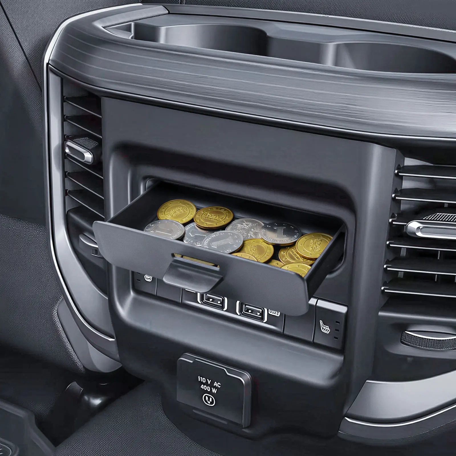 Rear Seat Storage Tray Console Storage Organizer for 2019-2026 Dodge Ram 1500 2500 Interior Hidden Drawer Coin Storage Box 3500