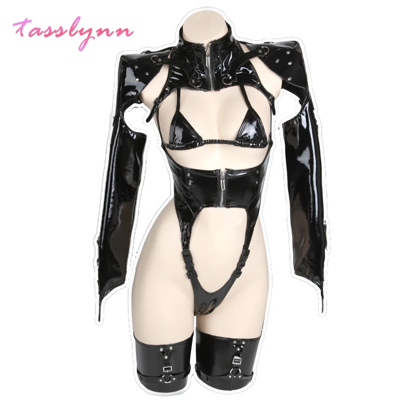 Women 2B NieR Cos Outfit Glossy Patent Leather Harness Lingerie Set Detachable Sleeves Neck Collar Included  2B Cosplay Full Set view 3