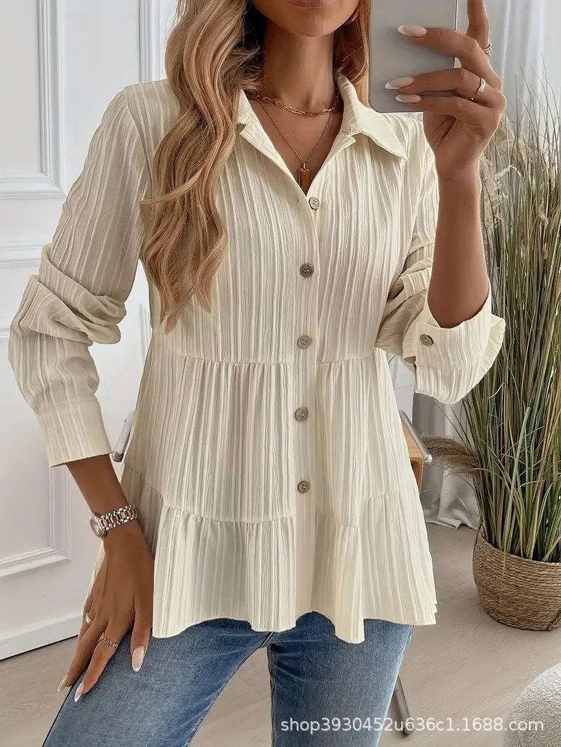 

Autumn Men's Clothing Solid Color Textured Long Sleeve Button Down Shirt For Men Polyester Casual Office Wear Regular Fit