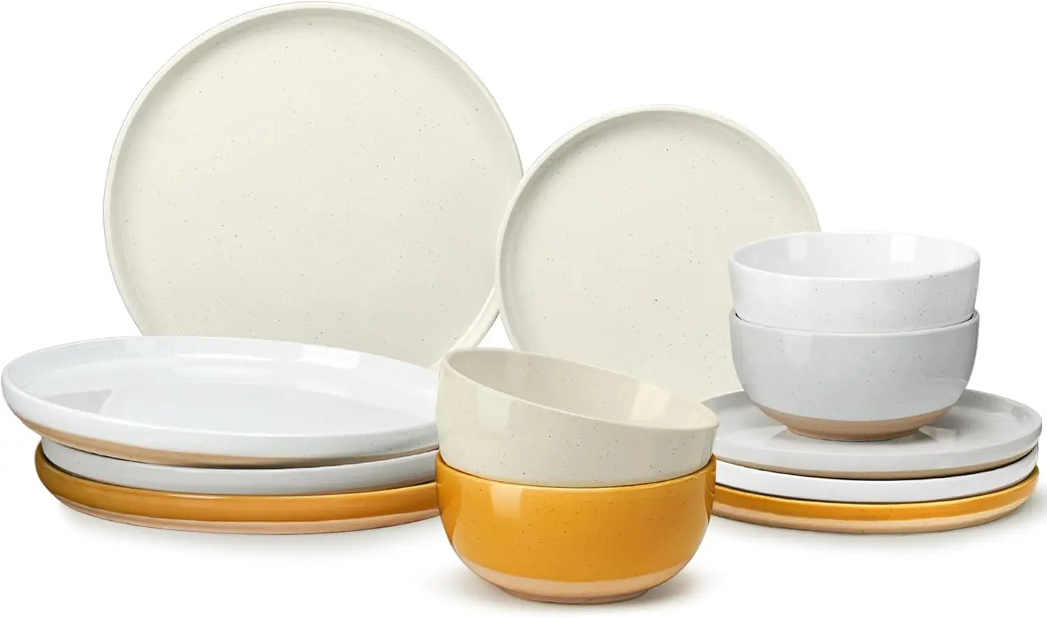 

12 Pieces Farmhouse Stoneware Dinnerware Sets, Speckled Ceramic Plates and Bowls Set, Matte Terracotta Underside Ceramic Dishes