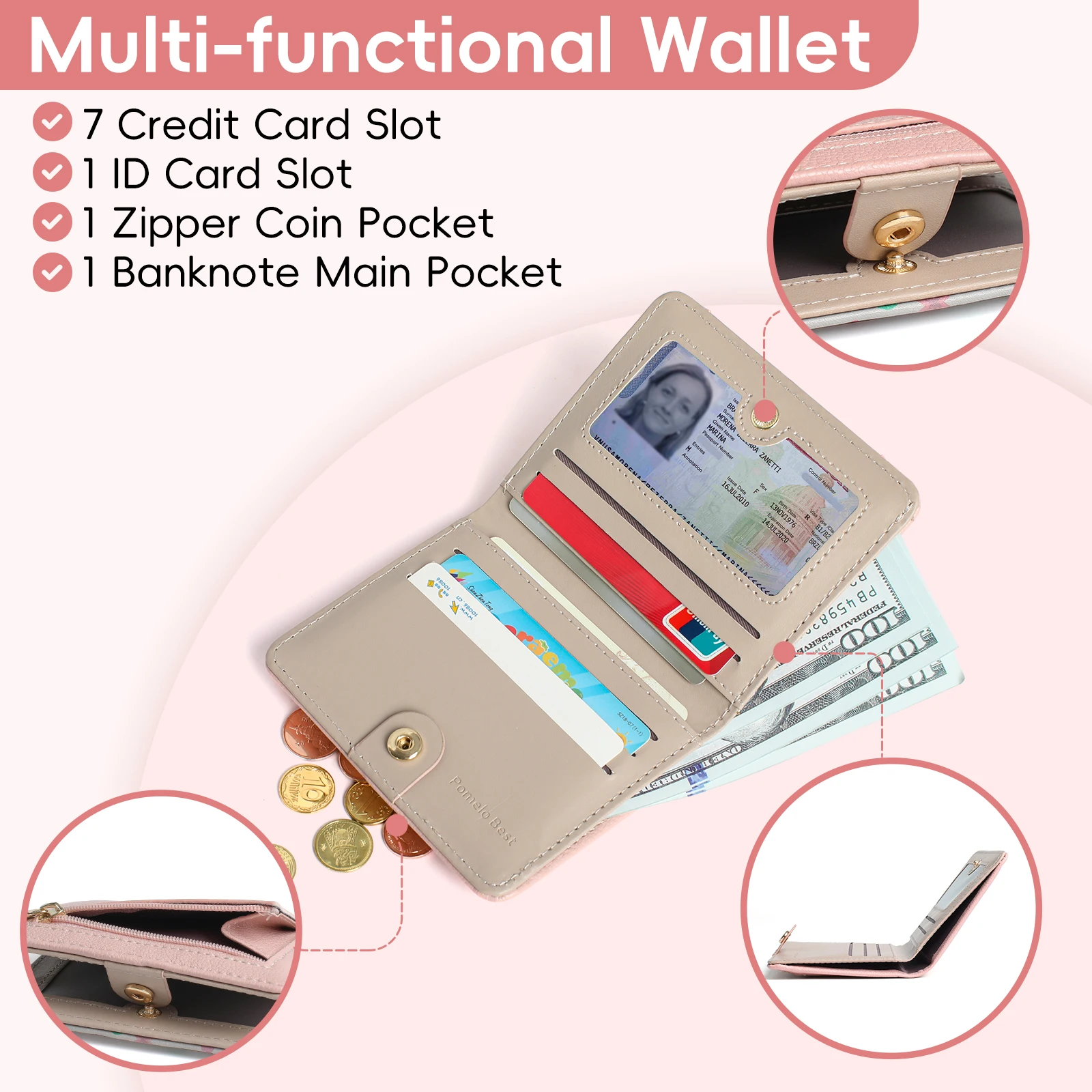 Pomelo Best Womens Wallet Soft Small Coin Purse - Stylish Bifold RFID Blocking with Zipper Coin Pocket ID Window Lightweight