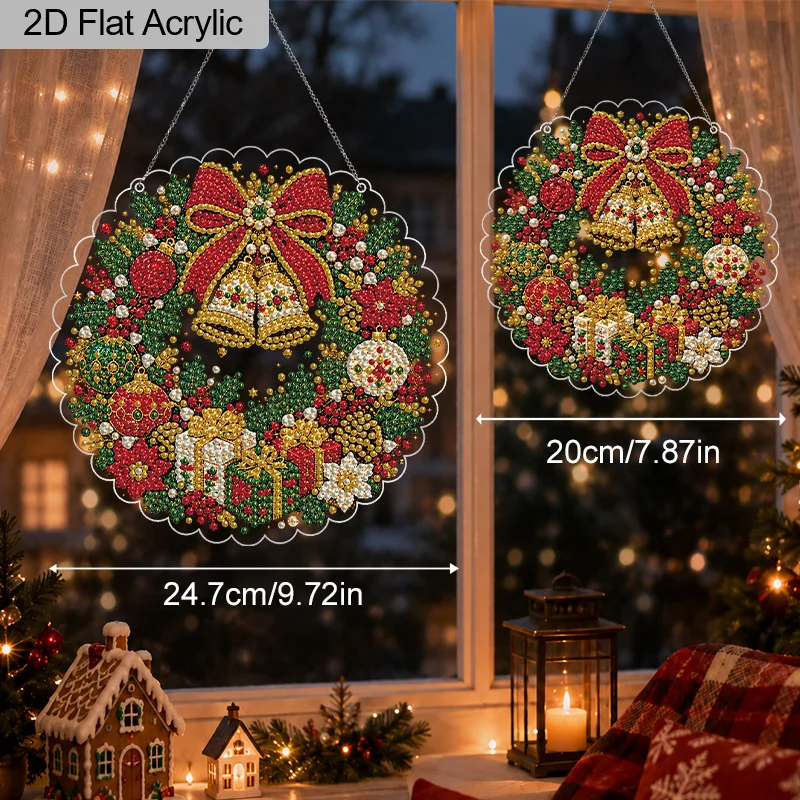 2D Flat Christmas Pearl Diamond Art Kit for Adults, 3D Pearl Diamond Painting Suncatcher Kit, Acrylic Round Lace Edge Ornament