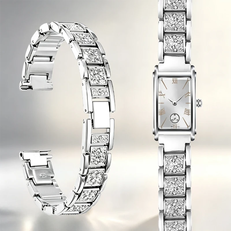 Stainless Steel Inlaid Diamond Watch Band Replacement Bracelet for Hamilton Jazzmaster American Classic Intra-Matic H1122 Ladie