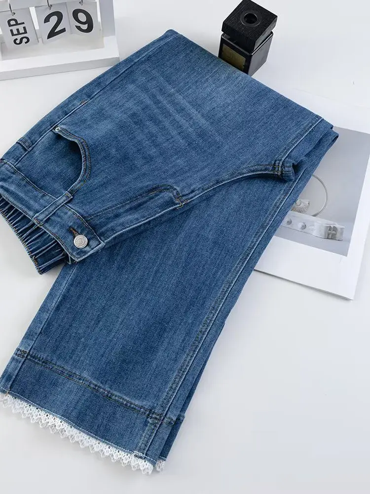 Sweet Lace Splicing Jeans High Waist Elastic Nine Points Straight Leg Pants plus Size Smoking Pants Casual Cotton Stretch Denim