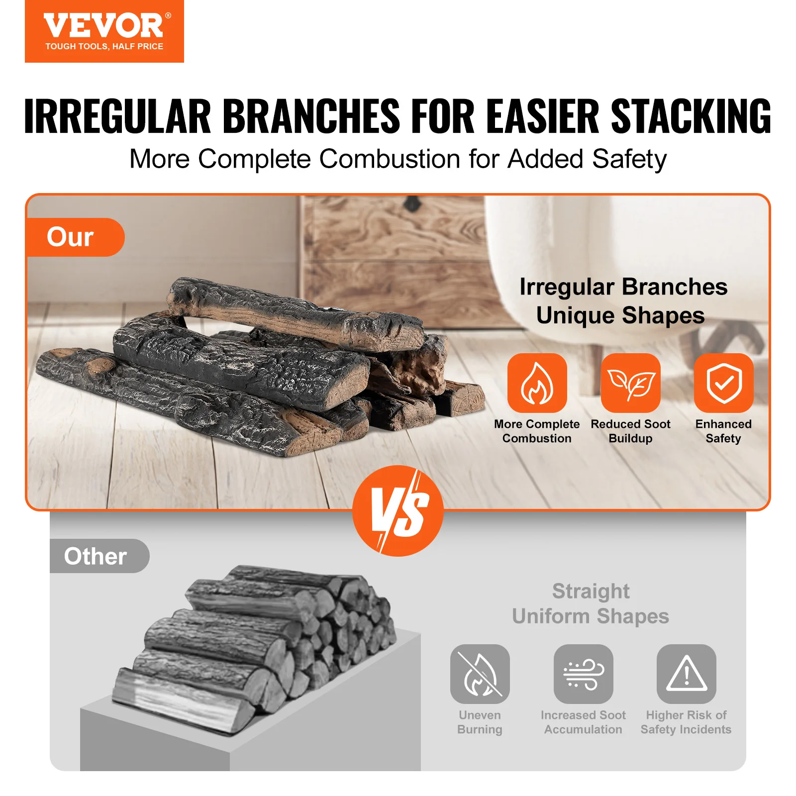 VEVOR 8Pcs Oak Logs Gas Fireplace Ceramic Logs for Fire place Heat-Resistant Wood Log Gas Realistic Logs Stackable Wood Branches