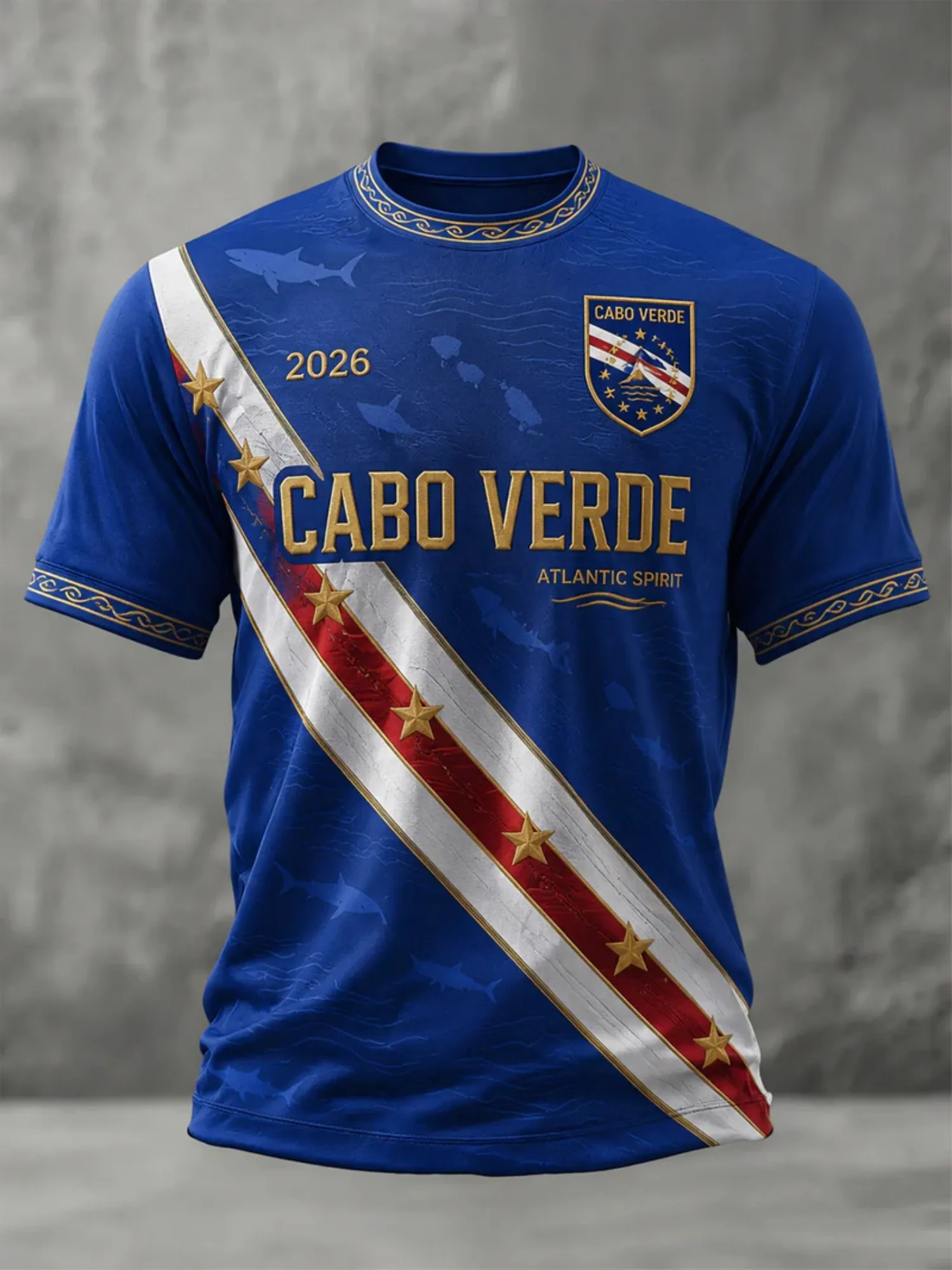 Mens Cabo Verde Crew Neck T Shirt Blue Sash Print Short Sleeve Casual Top Atlantic Spirit Style Beach Travel Graphic Tee For Men