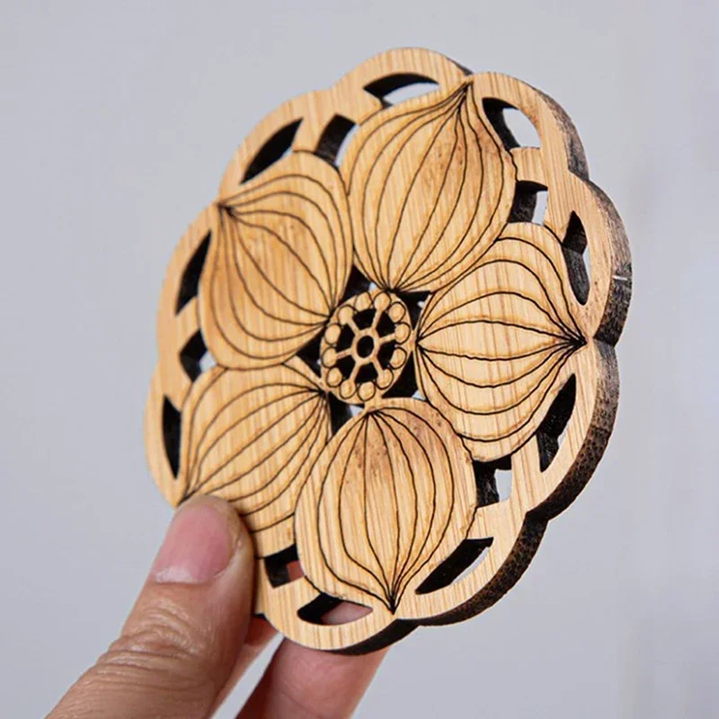 

Creative Lotus Flower Drink Coasters Wooden Round Cup Mat Heat Insulation, Anti Scalding Coaster