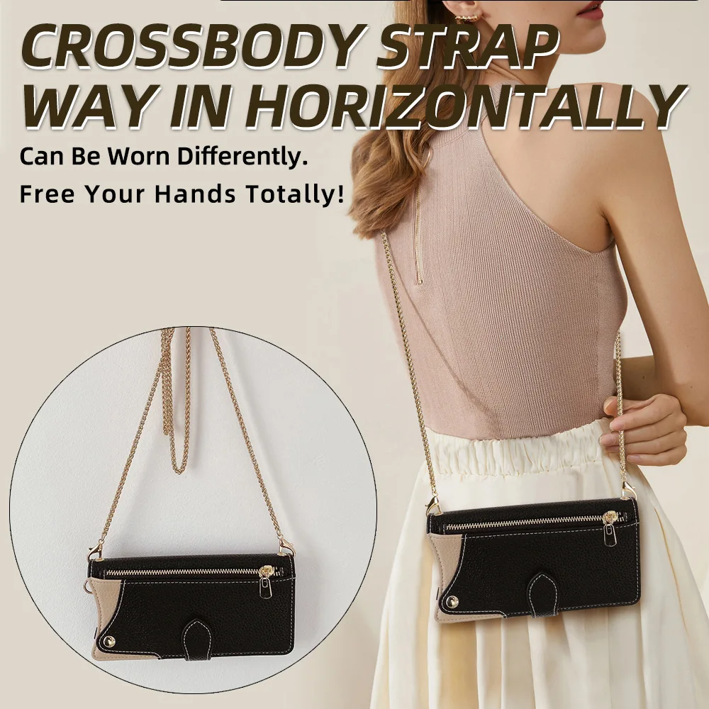 

Чехол-кошелек на молнии через плечо для Samsung Galaxy S21 Ultra S20 FE S10E S10 Lite S9 Plus с металлической цепочкой, кожаный зеркальный чехол с 2 картами