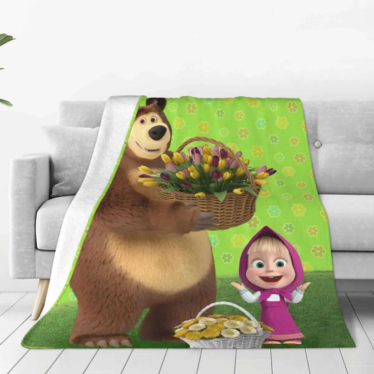 Cartoon M-Masha And Bear Flannel Throw Blanket Anime Cute Blankets for Home Car Ultra-Soft Bed Rug