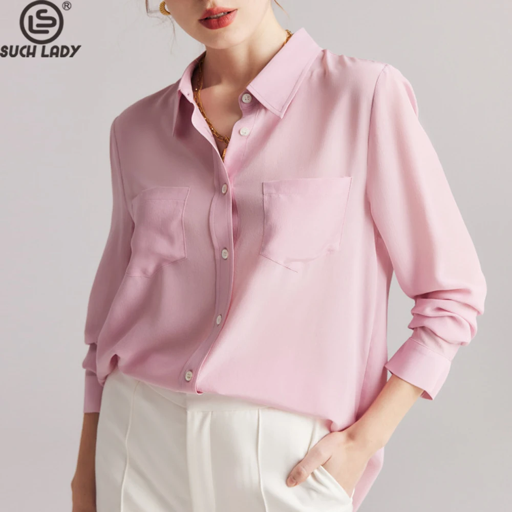 

100% Natural Silk Women's Shirt Turn Down Collar Long Sleeves Front Pockets Fashion Blouse Tops
